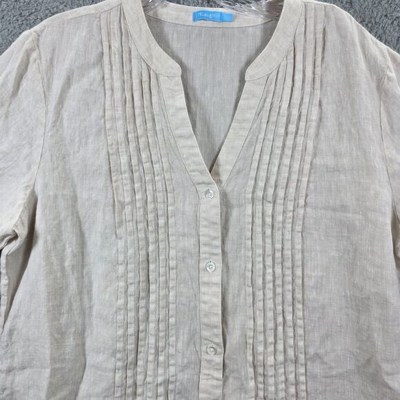 J. McLaughlin Women's Beige Linen Tunic Top Pleated Bodice Short Sleeve Size L - Picture 2 of 12
